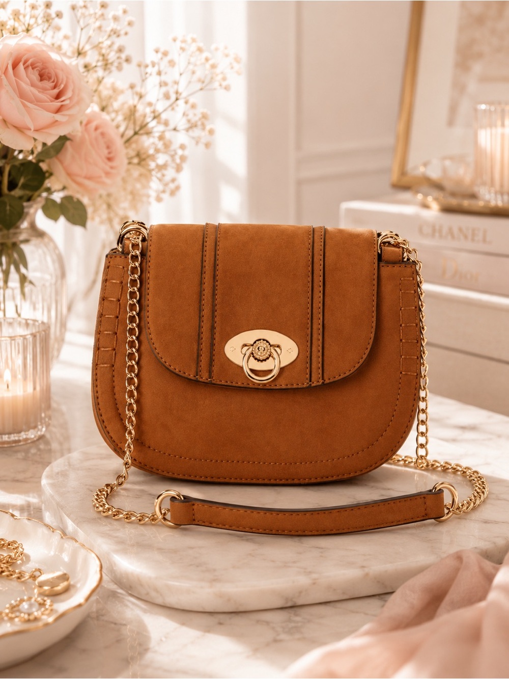 LC‎ LAUREN CONRAD Macaron Saddle Tan Crossbody Bag | Stitched Faux Leather
